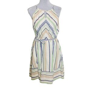 Miami Ivory Striped Halter Dress Size L Belted Linen Blend Cruise Vacation